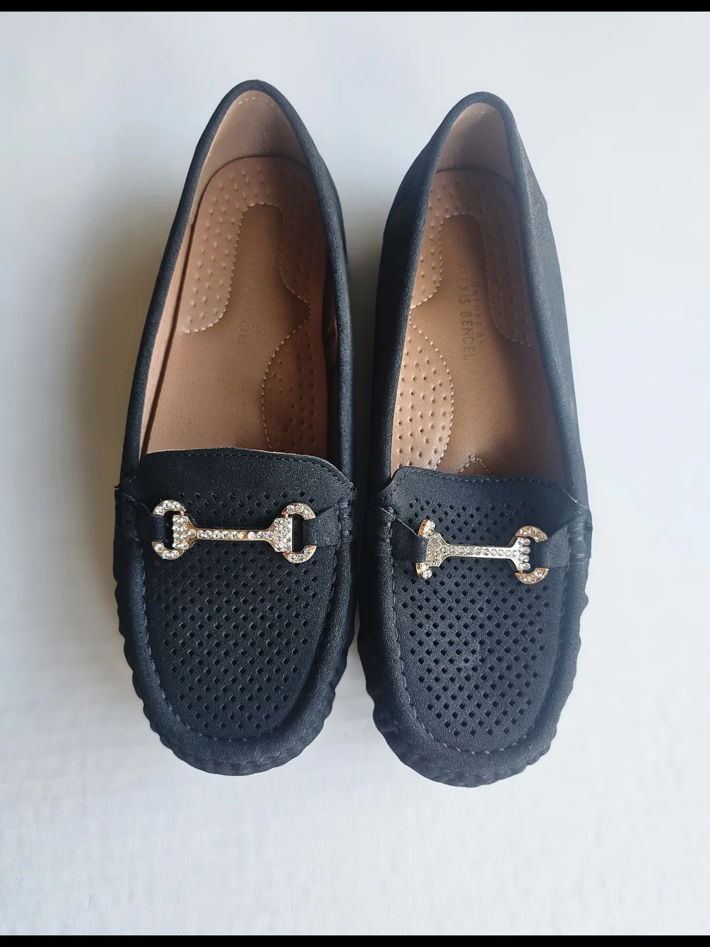 Alexis Black Perforated Suede Loafers with Gold Bit